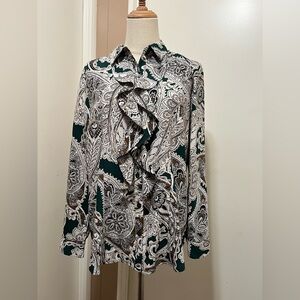 BEAUTIFUL Chico's Green, White & Brown Paisley Ruffle Front Blouse sz 1 (6/8)
